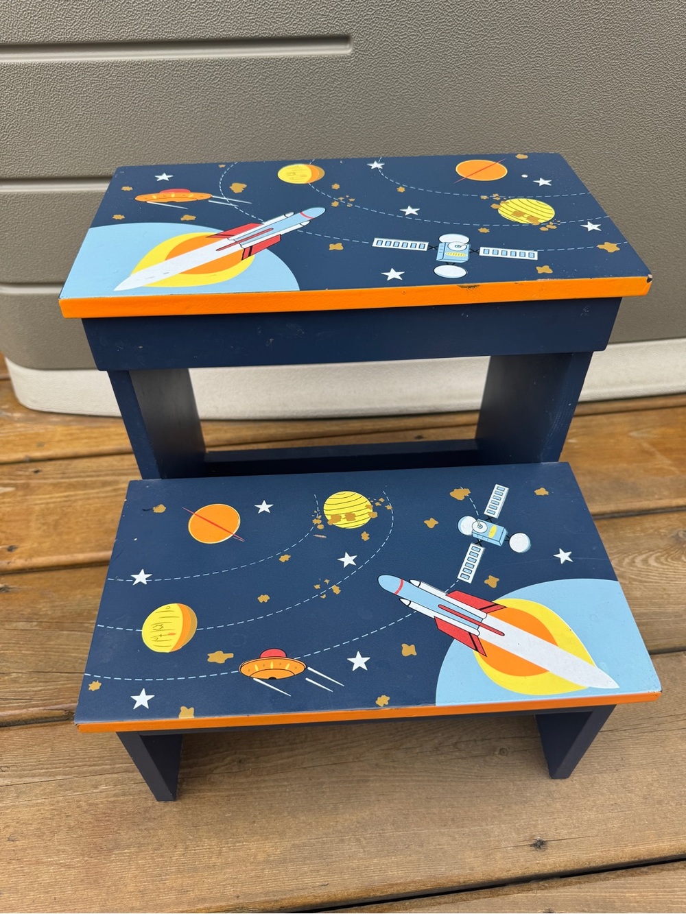 Wooden Space Rocket Step Stool for Kids - Navy and Orange